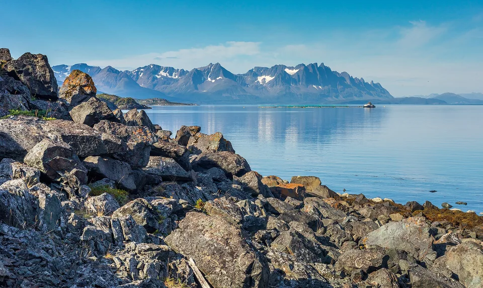 Kvænangstindan over fjorden ved Kvitebergbukta i Kvænangen på en sommerdag.